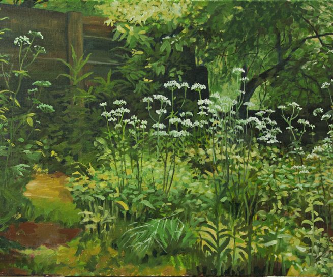 Oil on Canvas 80x50cm. Freely inspired by “Corner of overgrown garden. Ground elder” (1884) of Ivan Shishkin (1832-1898)